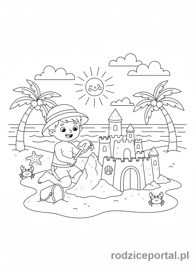 Kolorowanka Czas Wolny - Chłopiec budujący zamek z piasku