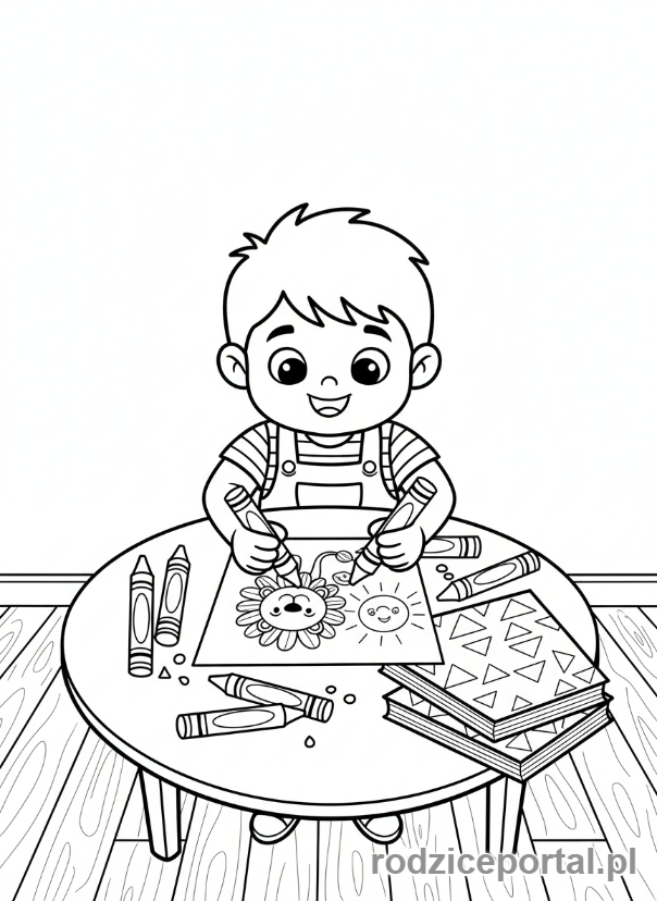 Kolorowanka Czas Wolny Dzieci - Chłopiec rysujący kredkami przy stole