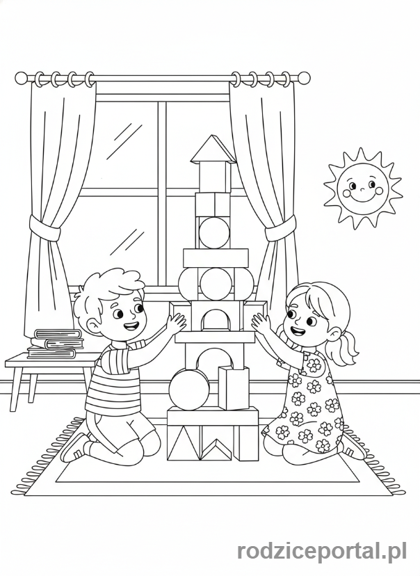 Kolorowanka Czas Wolny Dzieci - Dzieci budujące wieżę z klocków