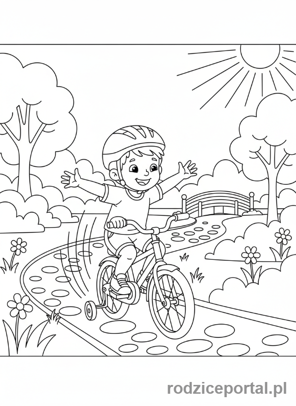 Kolorowanka Czas Wolny Dzieci - Dziecko jeżdżące na rowerze z bocznymi kółkami