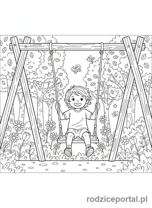 Kolorowanka Czas Wolny Dzieci - Dziecko na huśtawce w parku