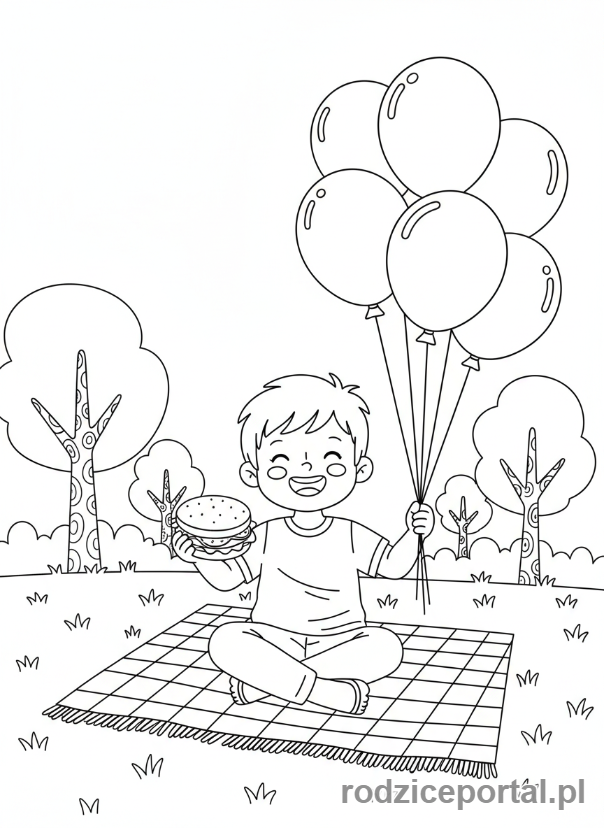 Kolorowanka Czas Wolny Dzieci - Dziecko na pikniku z balonami