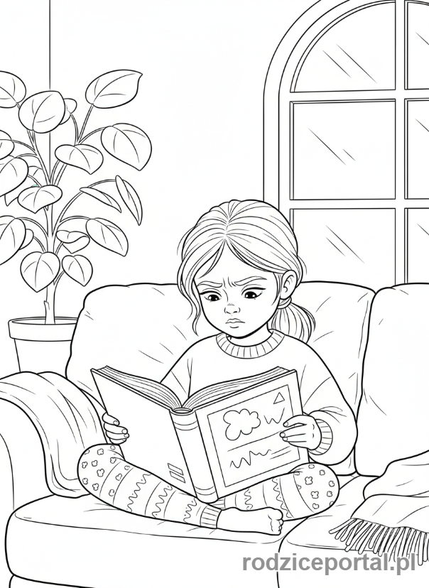 Kolorowanka Czas Wolny Dzieci - Dziewczynka czytająca książkę na kanapie