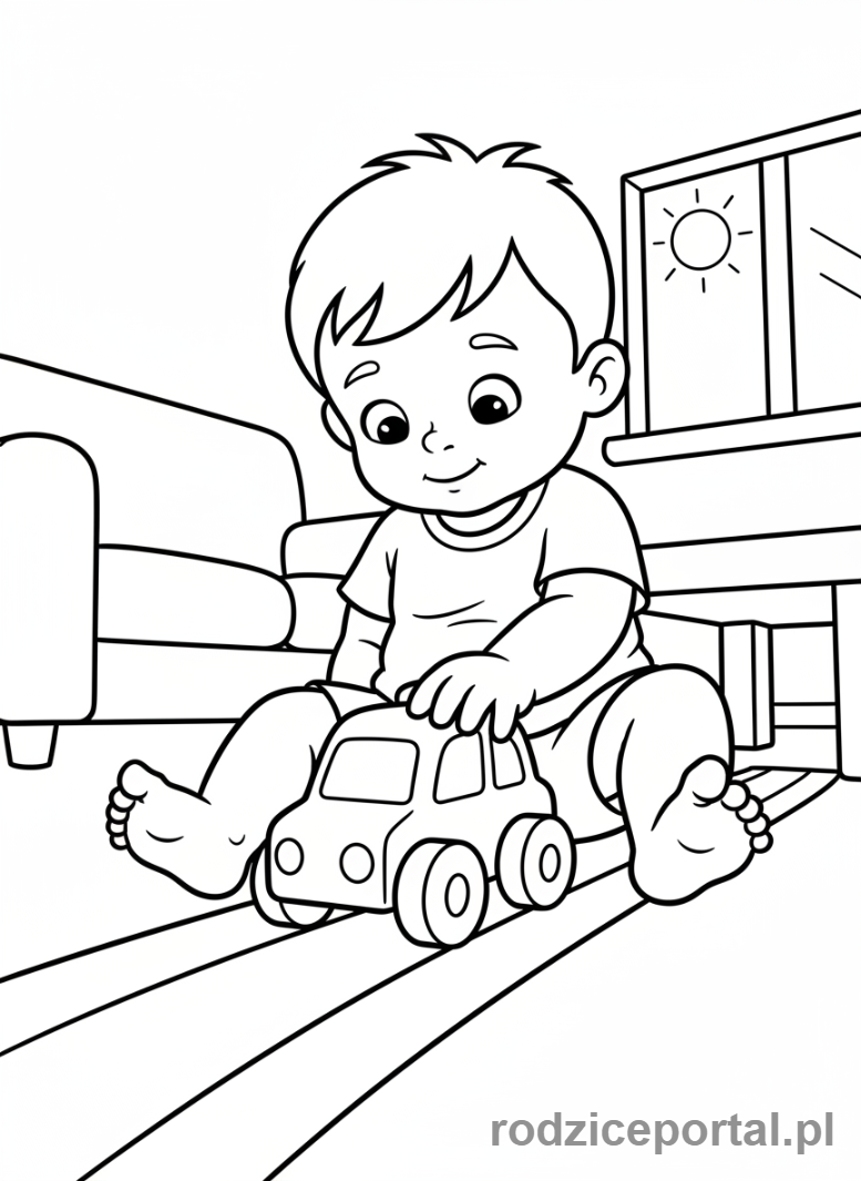 Kolorowanka Czas Wolny Dzieci - Maluch bawiący się autkiem na podłodze