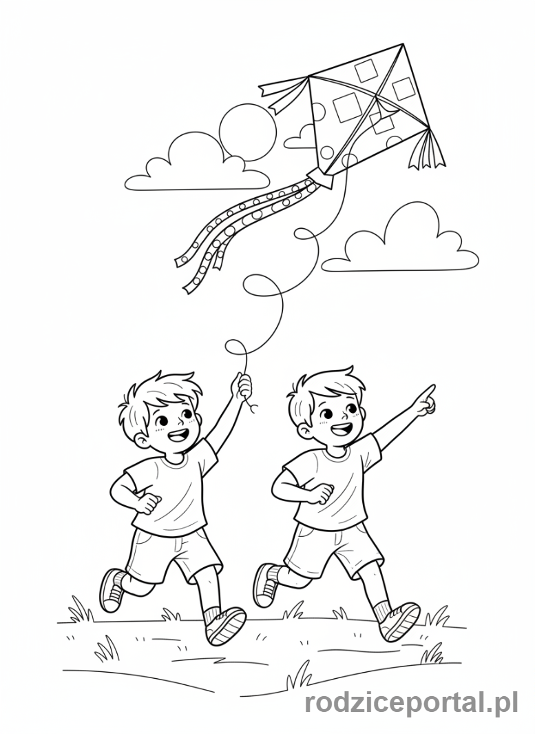 Kolorowanka Czas Wolny - Dzieci puszczające latawiec