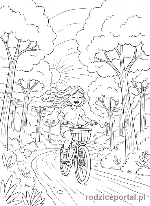 Kolorowanka Czas Wolny - Dziewczynka jeżdżąca na rowerze