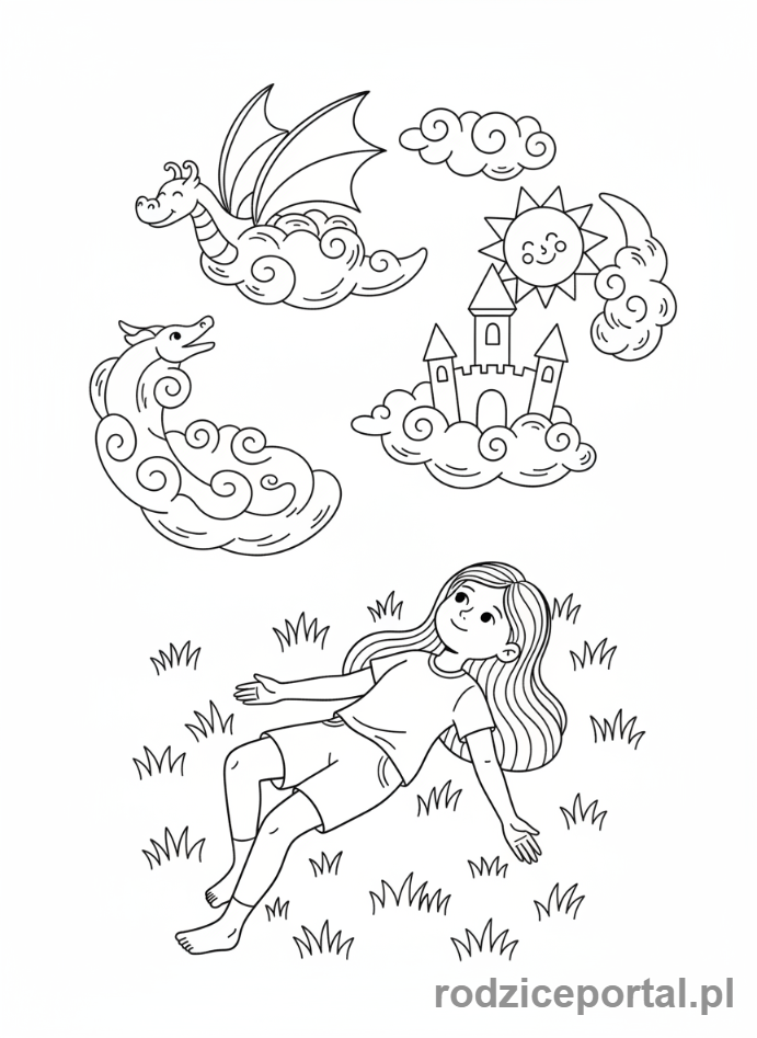 Kolorowanka Czas Wolny - Dziewczynka obserwująca chmury