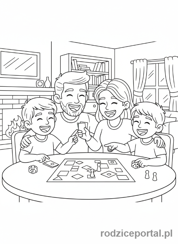 Kolorowanka Czas Wolny - Rodzina grająca w planszówkę