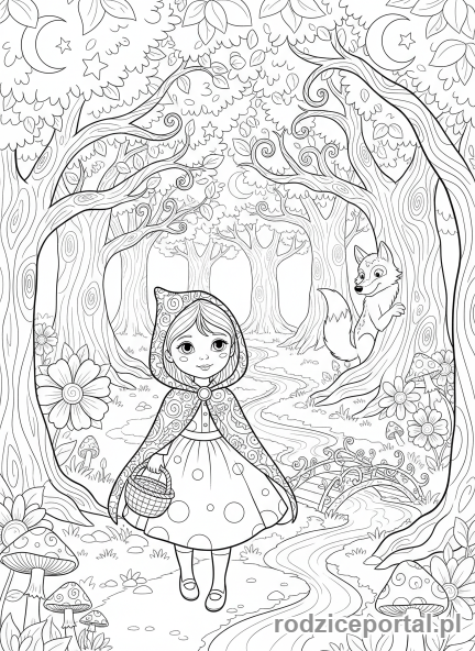 Kolorowanka Czerwony Kapturek - Czerwony Kapturek w lesie
