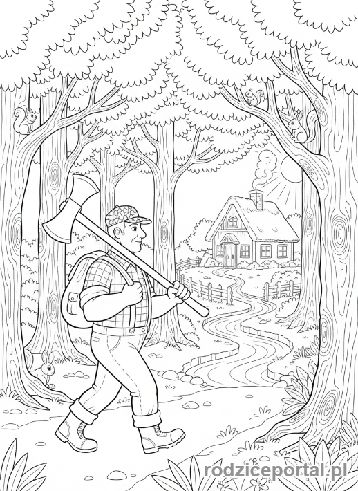 Kolorowanka Czerwony Kapturek - Gajowy idzie do domku