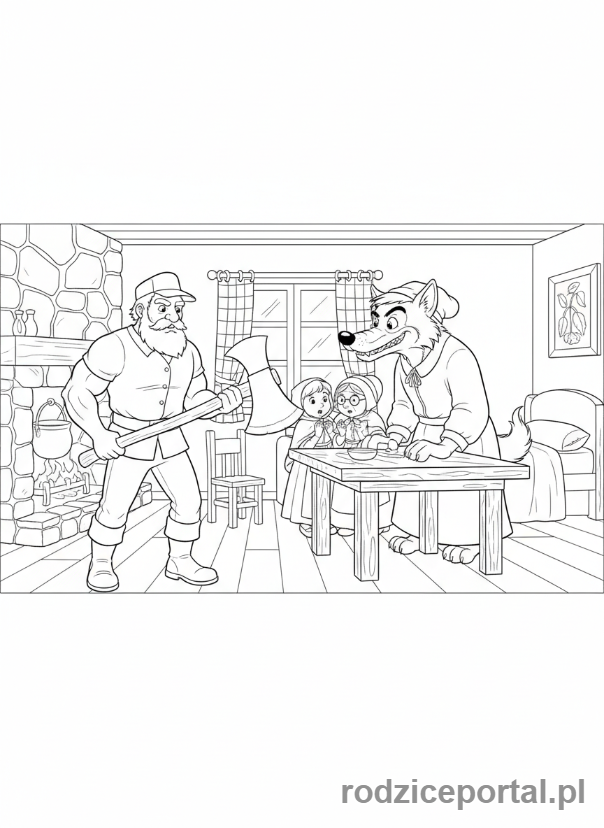 Kolorowanka Czerwony Kapturek - Gajowy ratuje Kapturka