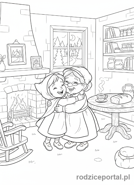 Kolorowanka Czerwony Kapturek - Kapturek i babcia przytulają się
