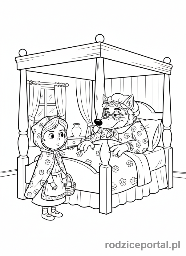 Kolorowanka Czerwony Kapturek - Kapturek podejrzewa wilka