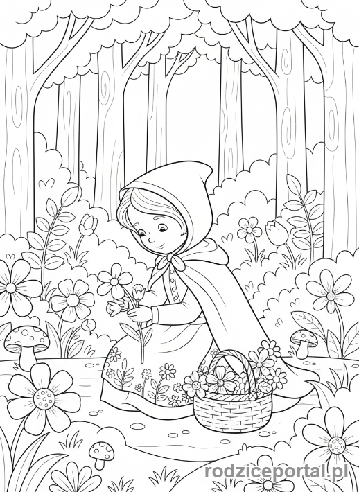 Kolorowanka Czerwony Kapturek - Kapturek zbierający kwiaty