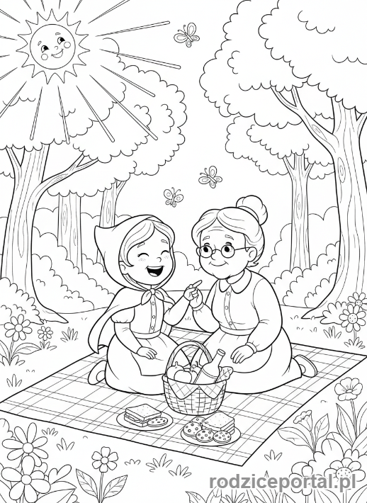 Kolorowanka Czerwony Kapturek - Szczęśliwy Kapturek z babcią