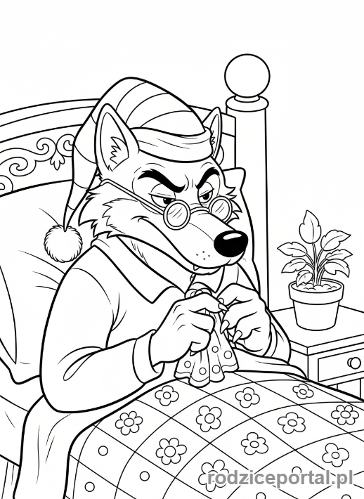 Kolorowanka Czerwony Kapturek - Wilk przebrany za babcię