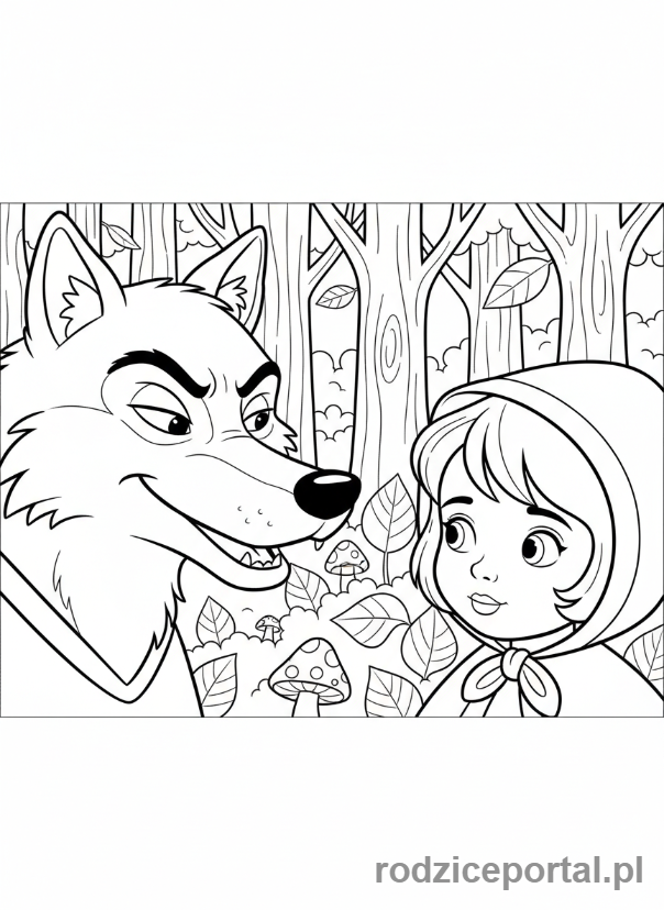 Kolorowanka Czerwony Kapturek - Wilk rozmawia z Kapturkiem