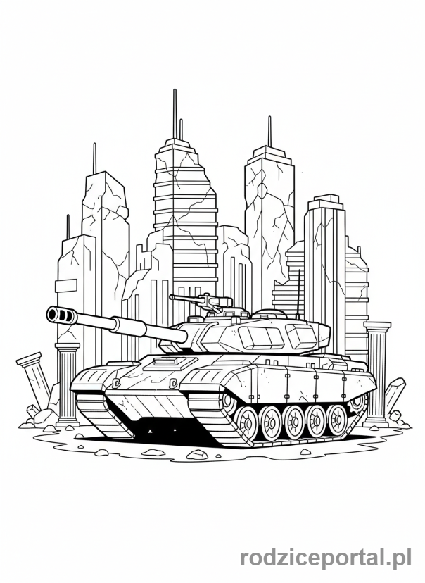 Kolorowanka Czołg - Czołg w ruinach miasta