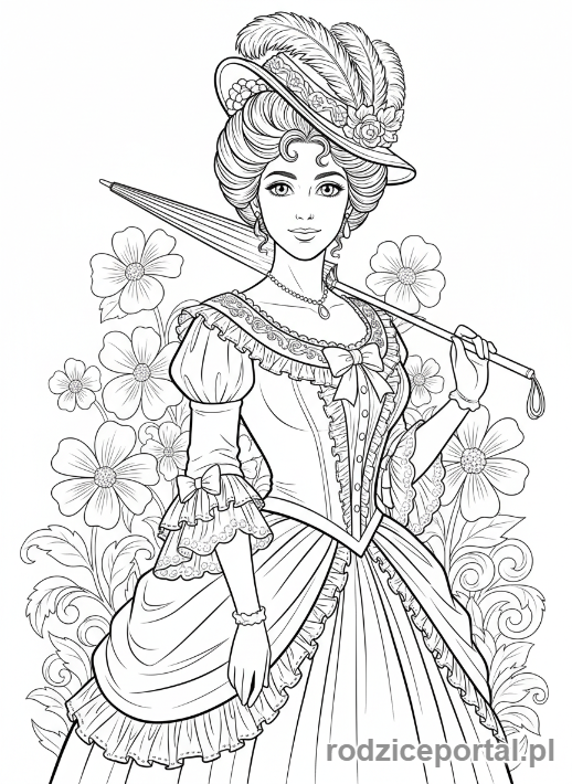 Kolorowanka Dawne Czasy - Dama w wiktoriańskiej sukni