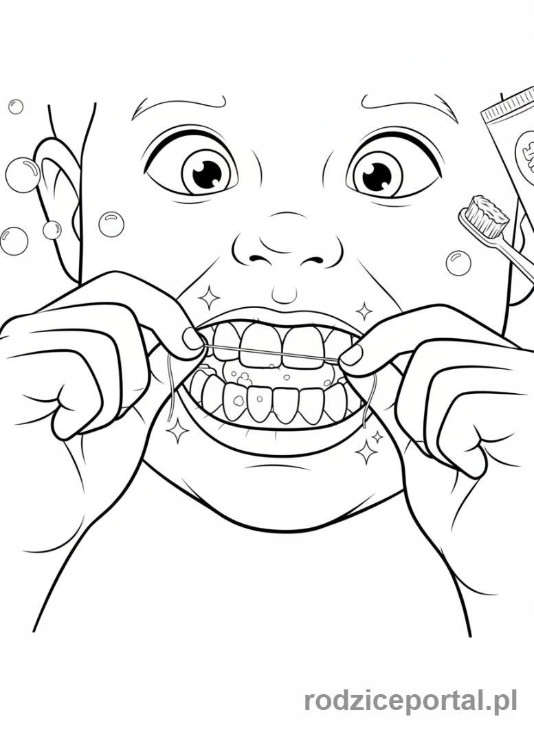 Kolorowanka Dbanie O Zęby - Dziecko nitkuje zęby