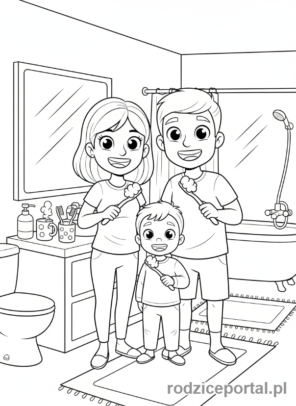 Kolorowanka Dbanie O Zęby - Rodzina myje zęby