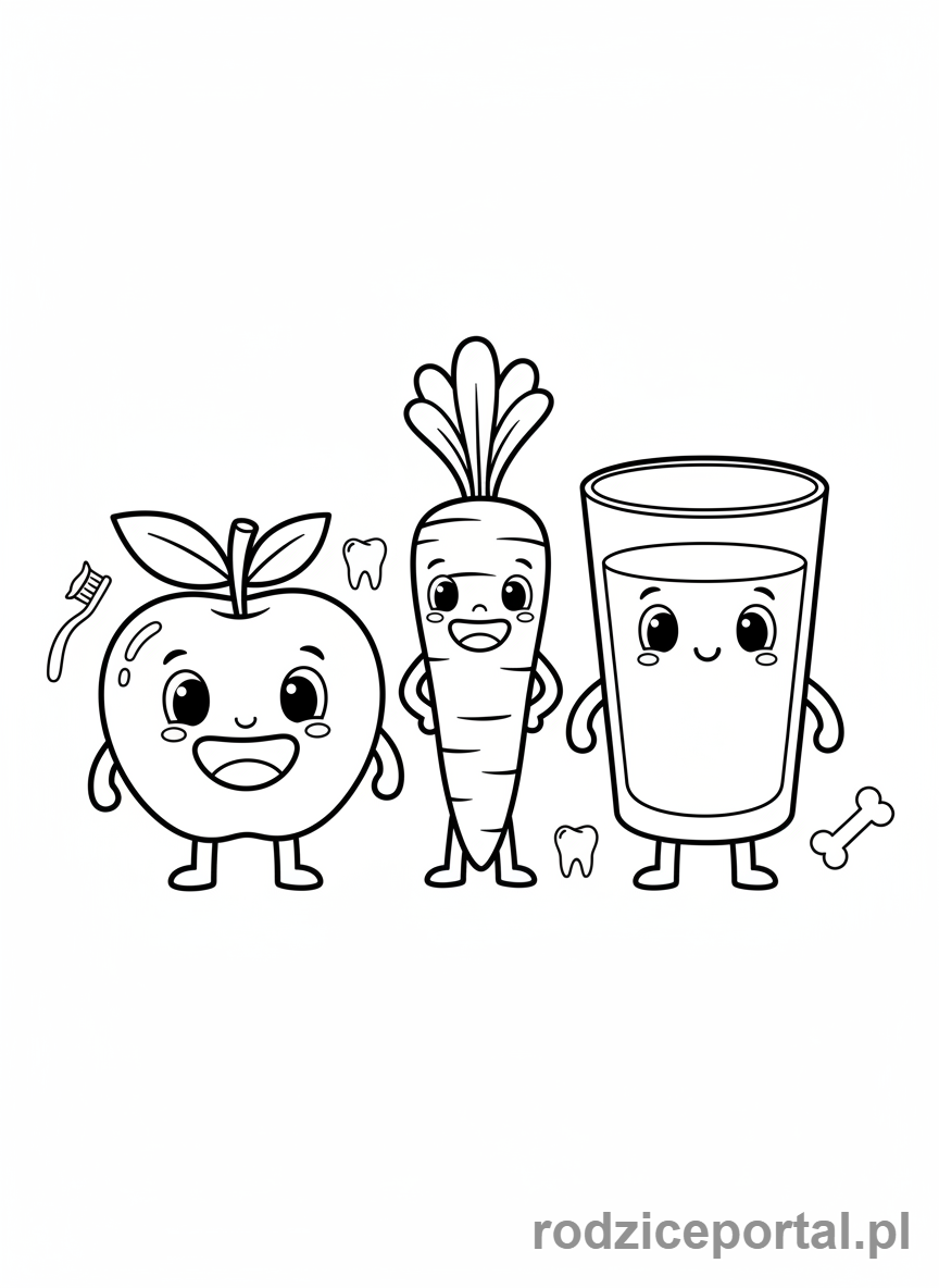Kolorowanka Dbanie O Zęby - Zdrowe jedzenie dla zębów