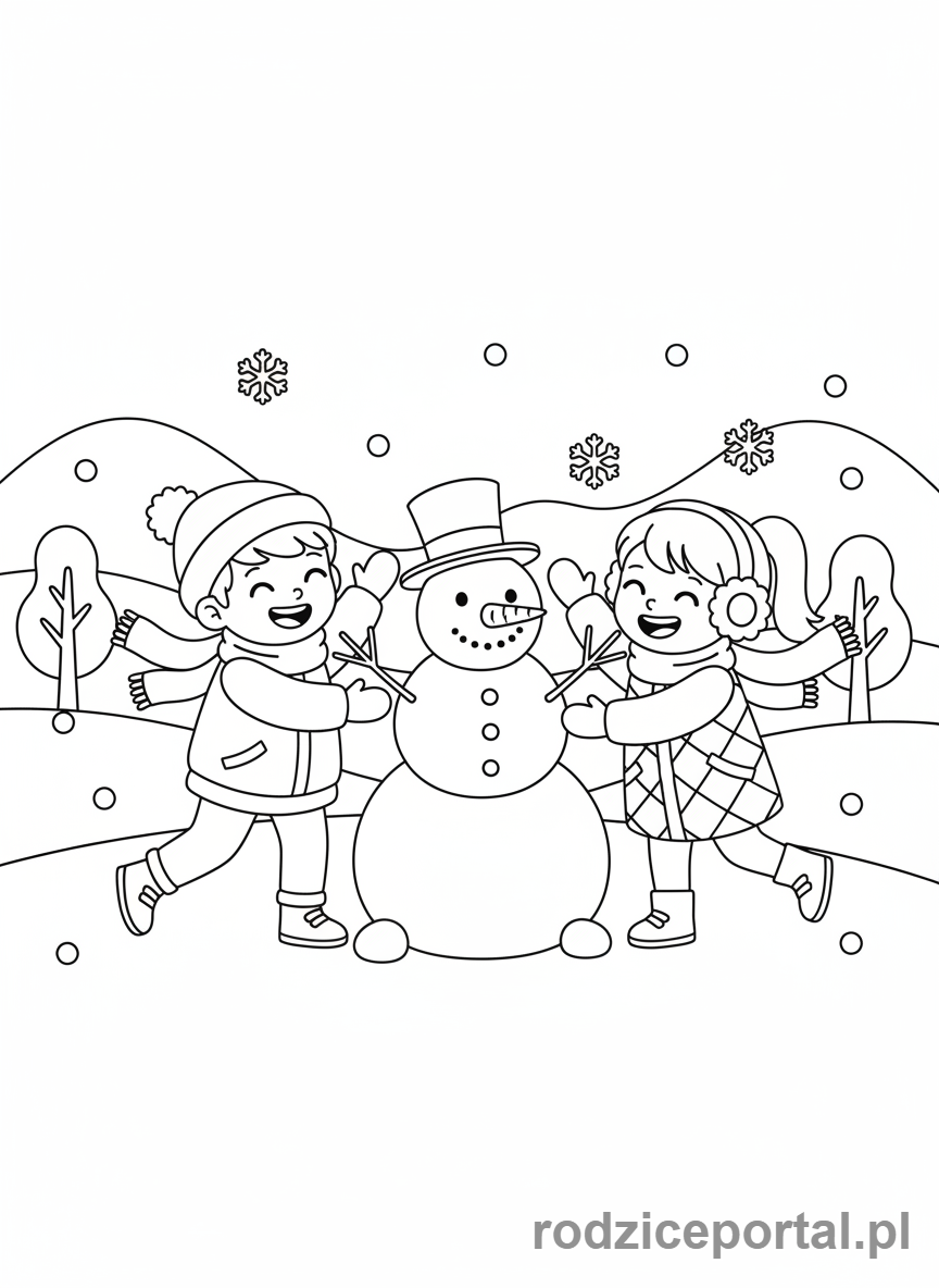 Kolorowanka Dla Dzieci 6 Lat - Dzieci bawiące się ze bałwanem