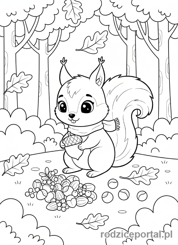 Kolorowanka Dla Dzieci 6 Lat - Wiewiórka zbierająca orzechy