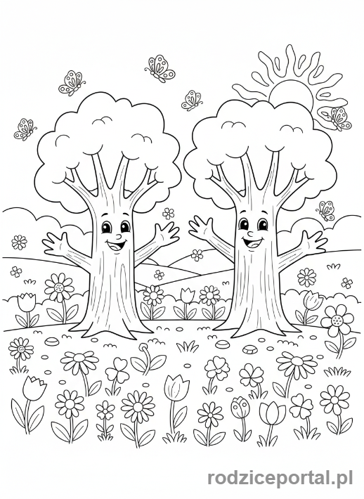 Kolorowanka Dla Dzieci Do Nauki - Drzewa i kwiaty na łące