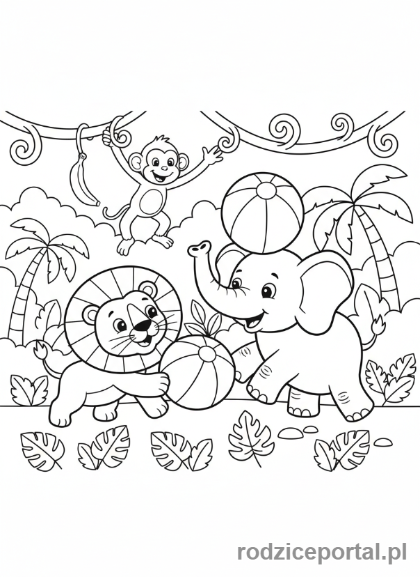 Kolorowanka Dla Dzieci Do Nauki - Lew, słoń i małpka w dżungli