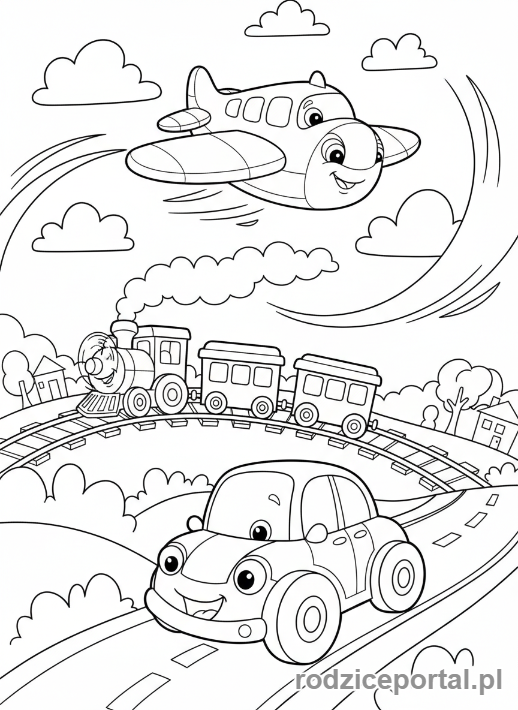 Kolorowanka Dla Dzieci Do Nauki - Samochód, pociąg i samolot dla dzieci