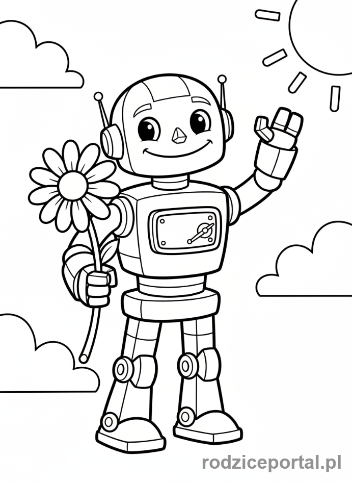Kolorowanka Dla Dzieci Z Adhd - Przyjazny robot trzymający kwiatka