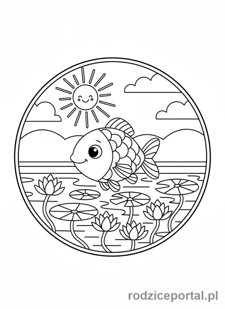 Kolorowanka Dla Dzieci Z Adhd - Ryba pływająca w stawie z liliami wodnymi