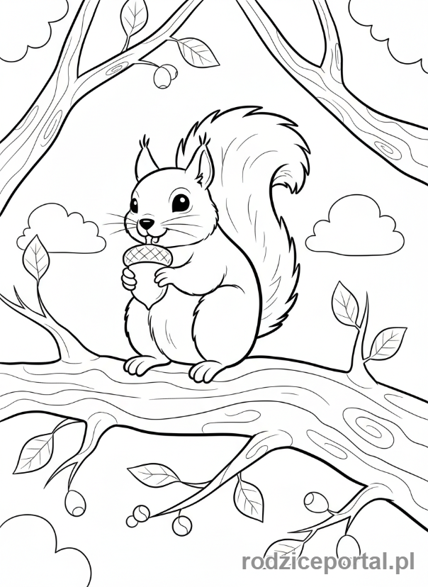 Kolorowanka Dla Dzieci Z Adhd - Wiewiórka jedząca orzeszka na gałęzi