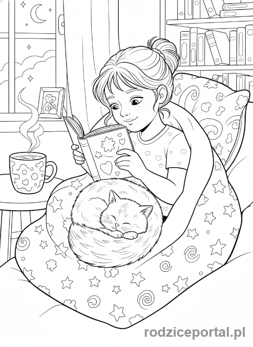 Kolorowanka Dla Dziewczynek 10 Lat - Czytająca dziewczynka i kot