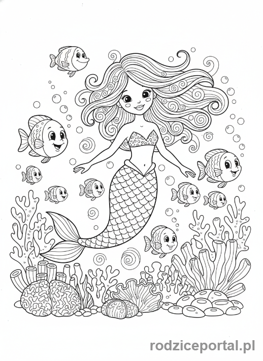 Kolorowanka Dla Dziewczynek 10 Lat - Syrenka wśród podwodnych stworzeń