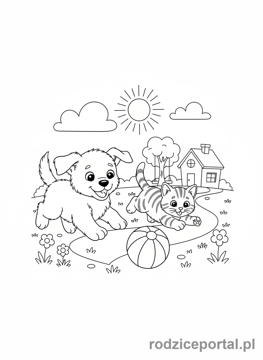 Kolorowanka Dla Dziewczynek 11 Lat - Szczeniak i kotek bawiące się