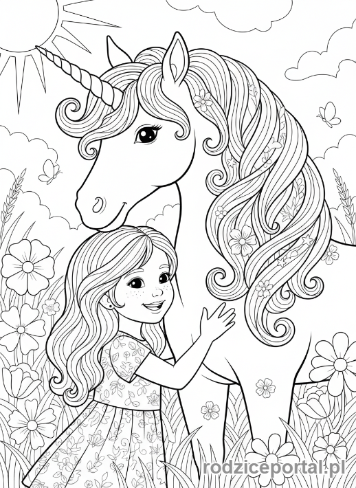 Kolorowanka Dla Dziewczynek 9 Lat - Dziewczynka przytulająca jednorożca