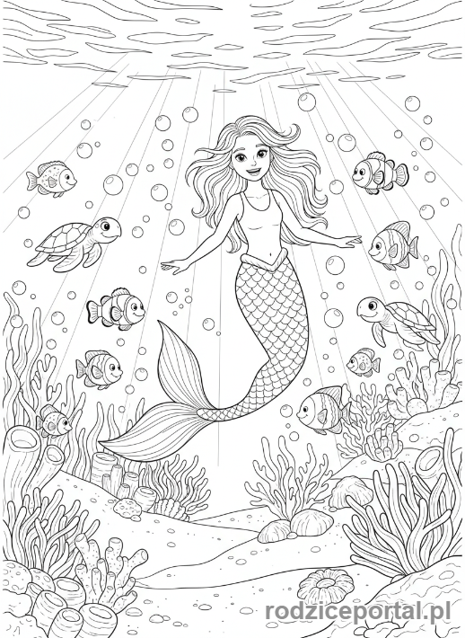 Kolorowanka Dla Dziewczynek 9 Lat - Syrenka pływająca z rybkami