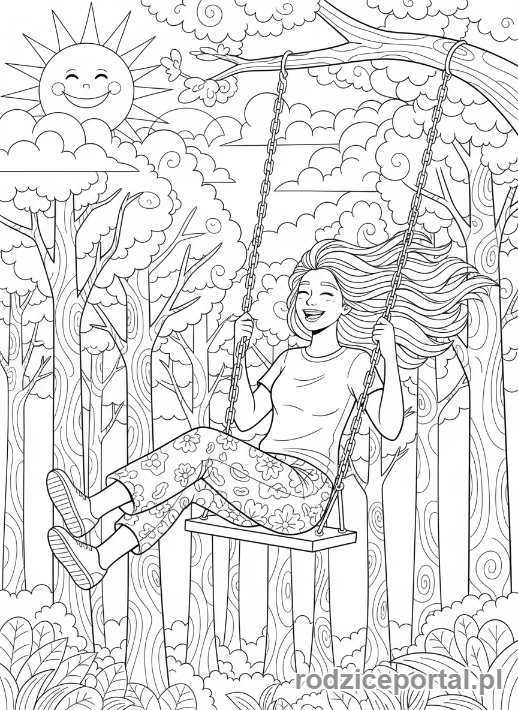 Kolorowanka Dla Nastolatków - Dziewczyna na huśtawce