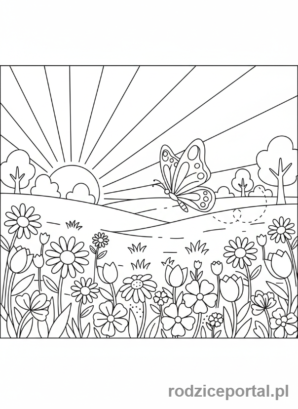 Kolorowanka Dla Przedszkolaków - Łąka z kwiatami i motylem