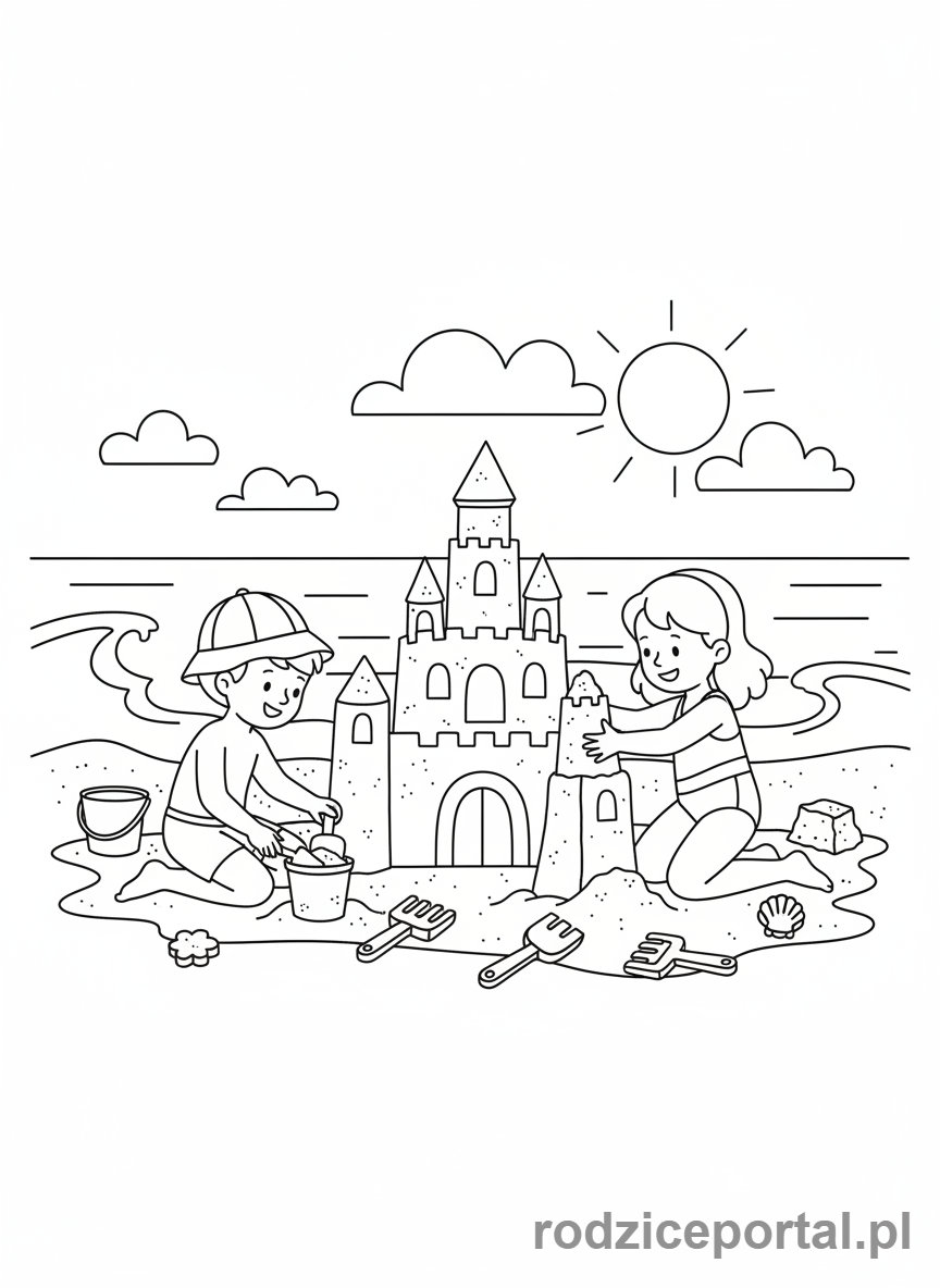 Kolorowanka Dla Przedszkolaków - Dzieci budujące zamek z piasku