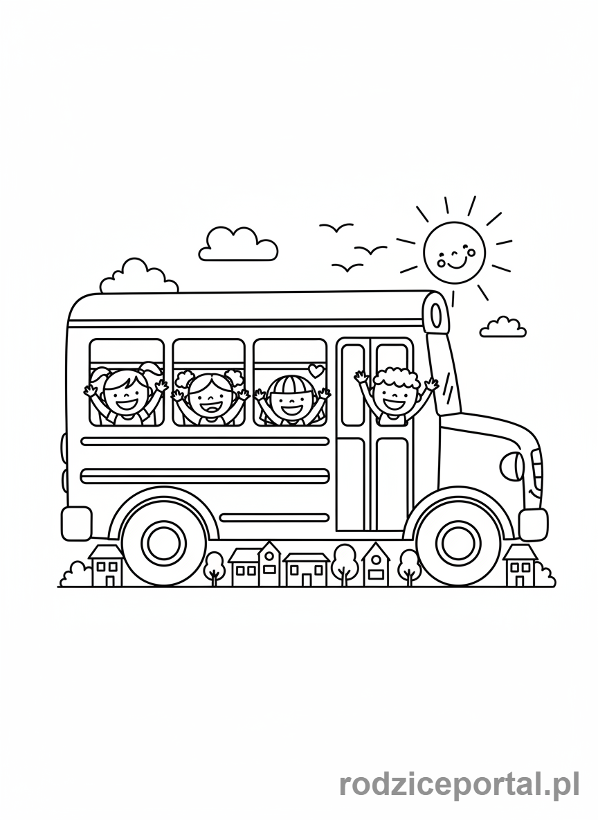 Kolorowanka Dla Przedszkolaków Edukacyjne - Autobus szkolny z uśmiechniętymi dziećmi