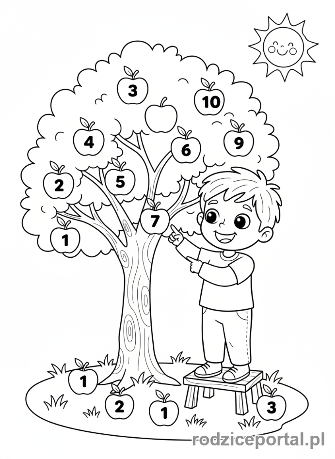 Kolorowanka Dla Przedszkolaków Edukacyjne - Dziecko liczące jabłka na drzewie