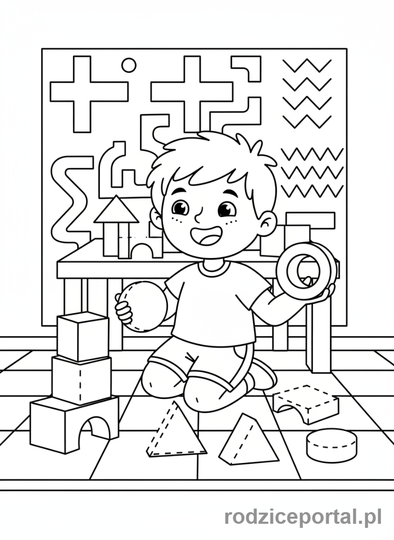 Kolorowanka Dla Przedszkolaków Edukacyjne - Dziecko z klockami w kształcie figur geometrycznych