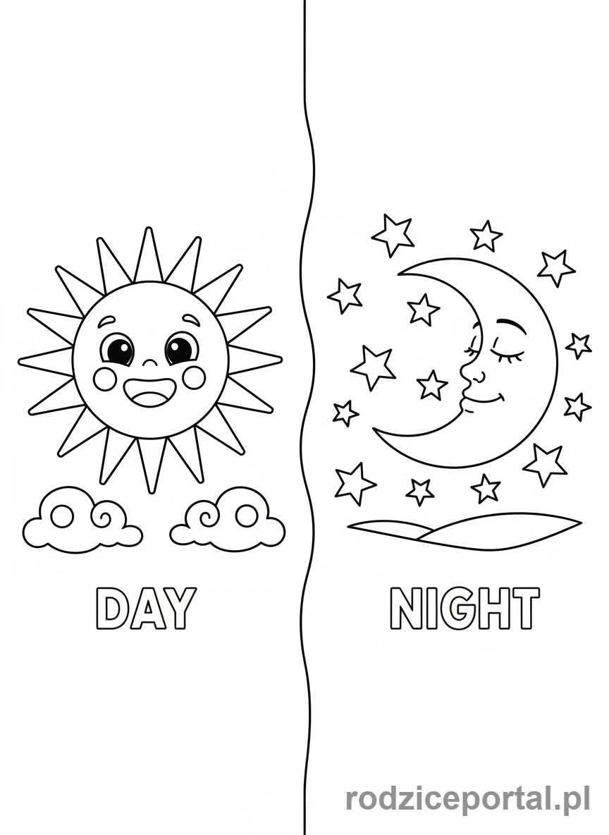 Kolorowanka Dla Przedszkolaków Edukacyjne - Dzień i noc - słońce i księżyc
