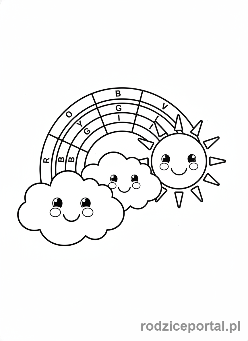 Kolorowanka Dla Przedszkolaków Edukacyjne - Tęcza z chmurkami i słońcem