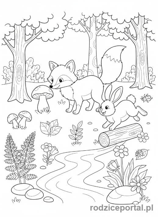 Kolorowanka Dla Przedszkolaków Edukacyjne - Zwierzęta leśne: lis i zając