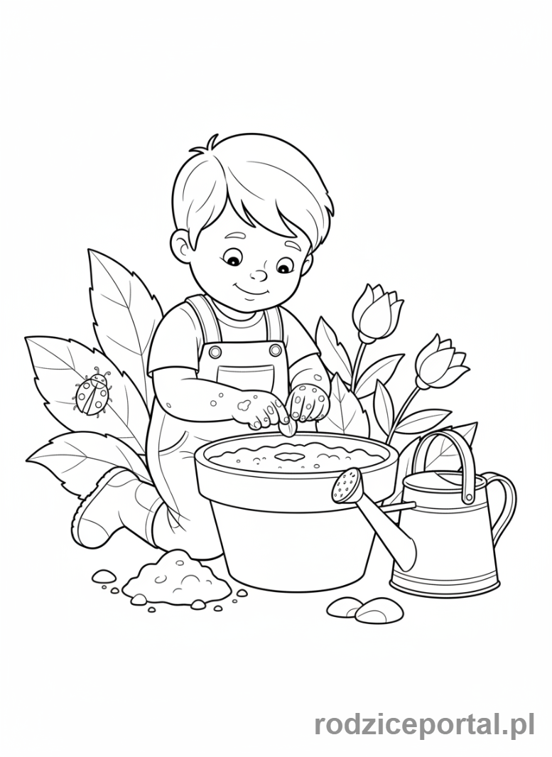 Kolorowanka Do Pracy Z Dzieckiem - Dziecko sadzące roślinkę