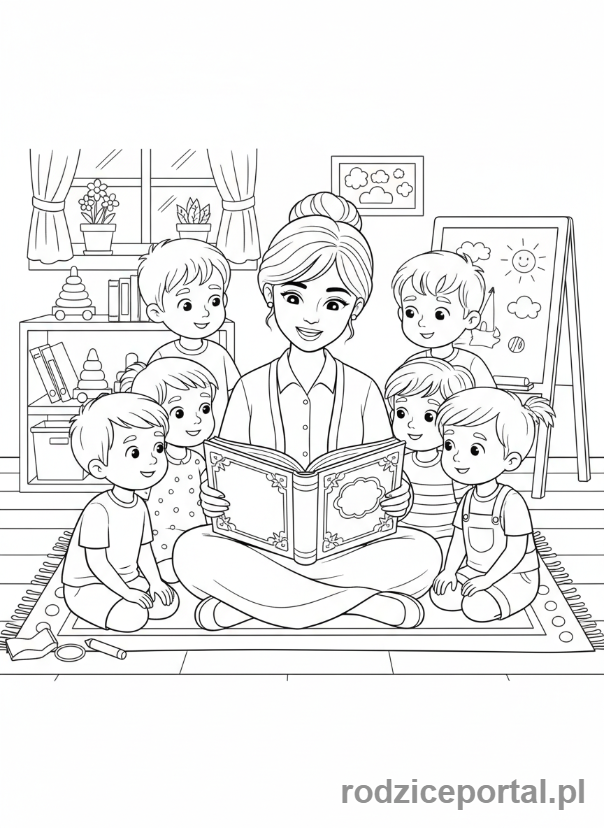 Kolorowanka Do Pracy Z Dzieckiem - Nauczycielka czytająca dzieciom